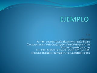 S dx
X2+2x+5
X2 +bx +c=x2+bx+(b/2)2-(b/2)2+5=(x+2/2)2-b/22+c
X2+2x+5=x2+2x+(2/2)2-(2/2)2+5=(x+2/2)2-(2/2)2-5=(x+1)2+4
Sdx/x2+2x+5=sdx07(x+1)2+4
x+1=t/dx=dt=dt/t2+4=s1/4/t2+4/4dt=s1$/1+(t/2)2dt=
=1/2s 1/2/1+(t/2)2dt=1/2.arctag(t/2)+c=1/2.arctng(x+1/2)+c
 