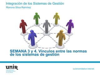 Integración de los Sistemas de Gestión
SEMANA 3 y 4. Vínculos entre las normas
de los sistemas de gestión
Romina Silva Ramírez
 