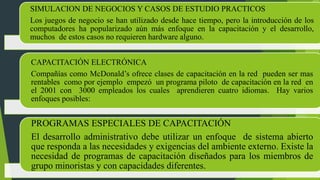 SIMULACION DE NEGOCIOS Y CASOS DE ESTUDIO PRACTICOS
Los juegos de negocio se han utilizado desde hace tiempo, pero la introducción de los
computadores ha popularizado aún más enfoque en la capacitación y el desarrollo,
muchos de estos casos no requieren hardware alguno.
CAPACITACIÓN ELECTRÓNICA
Compañías como McDonald’s ofrece clases de capacitación en la red pueden ser mas
rentables como por ejemplo empezó un programa piloto de capacitación en la red en
el 2001 con 3000 empleados los cuales aprendieren cuatro idiomas. Hay varios
enfoques posibles:
PROGRAMAS ESPECIALES DE CAPACITACIÓN
El desarrollo administrativo debe utilizar un enfoque de sistema abierto
que responda a las necesidades y exigencias del ambiente externo. Existe la
necesidad de programas de capacitación diseñados para los miembros de
grupo minoristas y con capacidades diferentes.
 