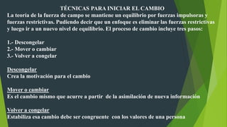 TÉCNICAS PARA INICIAR EL CAMBIO
La teoría de la fuerza de campo se mantiene un equilibrio por fuerzas impulsoras y
fuerzas restrictivas. Pudiendo decir que un enfoque es eliminar las fuerzas restrictivas
y luego ir a un nuevo nivel de equilibrio. El proceso de cambio incluye tres pasos:
1.- Descongelar
2.- Mover o cambiar
3.- Volver a congelar
Descongelar
Crea la motivación para el cambio
Mover o cambiar
Es el cambio mismo que acurre a partir de la asimilación de nueva información
Volver a congelar
Estabiliza esa cambio debe ser congruente con los valores de una persona
 