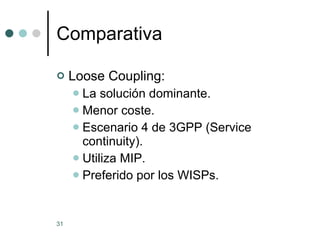 Comparativa Loose Coupling: La solución dominante. Menor coste. Escenario 4 de 3GPP (Service continuity). Utiliza MIP. Preferido por los WISPs. 
