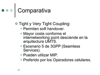 Comparativa Tight y Very Tight Coupling: Permiten soft handover. Mayor coste conforme el internetworking point desciende en la arquitectura UMTS. Escenario 5 de 3GPP (Seamless Services). Pueden utilizar MIP. Preferido por los Operadores celulares. 