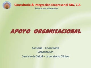 Consultoría & Integración Empresarial MG, C.A
Formación Incompany

Apoyo Organizacional
Asesoría – Consultoría
Capacitación

Servicio de Salud – Laboratorio Clínico

 