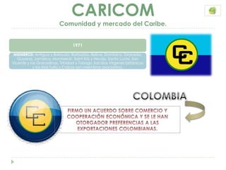CARICOM
                          Comunidad y mercado del Caribe.


                                  1971

 MIEMBROS: Antigua y Barbuda, Barbados, Belice, Dominica, Granada,
   Guyana, Jamaica, Montserrat, Saint Kits y Neváis, Santa Lucía, San
Vicente y las Granadinas, Trinidad y Tobago (las Islas Vírgenes británicas
           y las Islas Turks y Caicos son miembros asociados).
 