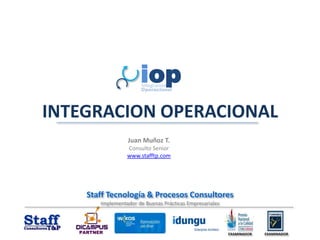 iop Integración Operacional INTEGRACION OPERACIONAL Juan Muñoz T. Consulto Senior www.stafftp.com Staff Tecnología & Procesos Consultores Implementador de Buenas Prácticas Empresariales PARTNER EXAMINADOR EXAMINADOR 