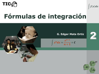 Fórmulas de integración
G. Edgar Mata Ortiz
න 𝒇 𝒙 𝒅𝒙
න 𝒙 𝒏 𝒅𝒙 =
𝒙 𝒏+𝟏
𝒏 + 𝟏
+ 𝑪
 