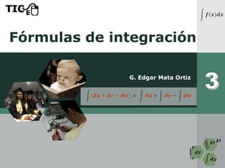 Fórmulas de integración
G. Edgar Mata Ortiz
න 𝒇 𝒙 𝒅𝒙
න 𝒅𝒖 + 𝒅𝒗 − 𝒅𝒘 = න 𝒅𝒖 + න 𝒅𝒗 − න 𝒅𝒘
 