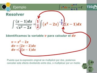 𝝏𝒚
𝝏𝒙
Ejemplo
Resolver
Identificamos la variable 𝒗 para calcular el 𝒅𝒗
𝒗 = 𝒙 𝟐
− 𝟐𝒙
𝒅𝒗 = 𝟐𝒙 − 𝟐 𝒅𝒙
𝒅𝒗 = 𝟐 𝒙 − 𝟏 𝒅𝒙
Puesto que la expresión original se multiplicó por dos, podemos
cancelar este efecto dividiendo entre dos, o multiplicar por un medio.
න 𝒗 𝒏 𝒅𝒗 =
𝒗 𝒏+𝟏
𝒏 + 𝟏
+ 𝑪
න
𝒙 − 𝟏 𝒅𝒙
𝒙 𝟐 − 𝟐𝒙
=
𝟏
𝟐
න 𝒙 𝟐 − 𝟐𝒙
−
𝟏
𝟐 𝟐 𝒙 − 𝟏 𝒅𝒙
 