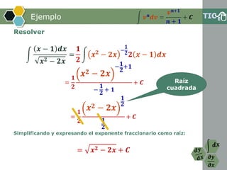 𝝏𝒚
𝝏𝒙
Ejemplo
Resolver
=
𝟏
𝟐
𝒙 𝟐 − 𝟐𝒙
− 𝟏
𝟐
+𝟏
−
𝟏
𝟐
+ 𝟏
+ 𝑪
=
𝟏
𝟐
𝒙 𝟐 − 𝟐𝒙
𝟏
𝟐
𝟏
𝟐
+ 𝑪
Simplificando y expresando el exponente fraccionario como raíz:
= 𝒙 𝟐 − 𝟐𝒙 + 𝑪
න 𝒗 𝒏 𝒅𝒗 =
𝒗 𝒏+𝟏
𝒏 + 𝟏
+ 𝑪
න
𝒙 − 𝟏 𝒅𝒙
𝒙 𝟐 − 𝟐𝒙
=
𝟏
𝟐
න 𝒙 𝟐
− 𝟐𝒙
−
𝟏
𝟐 𝟐 𝒙 − 𝟏 𝒅𝒙
Raíz
cuadrada
 
