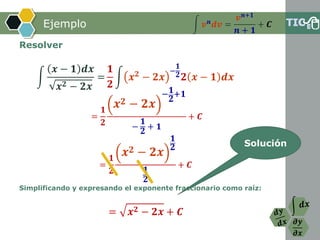 𝝏𝒚
𝝏𝒙
Ejemplo
Resolver
=
𝟏
𝟐
𝒙 𝟐 − 𝟐𝒙
− 𝟏
𝟐
+𝟏
−
𝟏
𝟐
+ 𝟏
+ 𝑪
=
𝟏
𝟐
𝒙 𝟐 − 𝟐𝒙
𝟏
𝟐
𝟏
𝟐
+ 𝑪
Simplificando y expresando el exponente fraccionario como raíz:
= 𝒙 𝟐 − 𝟐𝒙 + 𝑪
න 𝒗 𝒏 𝒅𝒗 =
𝒗 𝒏+𝟏
𝒏 + 𝟏
+ 𝑪
න
𝒙 − 𝟏 𝒅𝒙
𝒙 𝟐 − 𝟐𝒙
=
𝟏
𝟐
න 𝒙 𝟐
− 𝟐𝒙
−
𝟏
𝟐 𝟐 𝒙 − 𝟏 𝒅𝒙
Solución
 