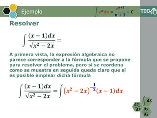 𝝏𝒚
𝝏𝒙
Ejemplo
Resolver
A primera vista, la expresión algebraica no
parece corresponder a la fórmula que se propone
para resolver el problema, pero si se reordena
como se muestra en seguida queda claro que sí
es posible emplear dicha fórmula
න 𝒗 𝒏 𝒅𝒗 =
𝒗 𝒏+𝟏
𝒏 + 𝟏
+ 𝑪
න
𝒙 − 𝟏 𝒅𝒙
𝒙 𝟐 − 𝟐𝒙
=
න
𝒙 − 𝟏 𝒅𝒙
𝒙 𝟐 − 𝟐𝒙
= න 𝒙 𝟐
− 𝟐𝒙
−
𝟏
𝟐 𝒙 − 𝟏 𝒅𝒙
 