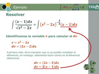 𝝏𝒚
𝝏𝒙
Ejemplo
Resolver
Identificamos la variable 𝒗 para calcular el 𝒅𝒗
𝒗 = 𝒙 𝟐
− 𝟐𝒙
𝒅𝒗 = 𝟐𝒙 − 𝟐 𝒅𝒙
A primera vista, da la impresión que no es posible completar el
diferencial, sin embargo, obteniendo factor común en el diferencial
obtenemos:
𝒅𝒗 = 𝟐𝒙 − 𝟐 𝒅𝒙
𝒅𝒗 = 𝟐 𝒙 − 𝟏 𝒅𝒙
න 𝒗 𝒏 𝒅𝒗 =
𝒗 𝒏+𝟏
𝒏 + 𝟏
+ 𝑪
න
𝒙 − 𝟏 𝒅𝒙
𝒙 𝟐 − 𝟐𝒙
= න 𝒙 𝟐 − 𝟐𝒙
−
𝟏
𝟐 𝒙 − 𝟏 𝒅𝒙
 