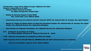 Instituto de Salud Pública del estado Bolívar
Introducción a cargo del Dr. Adleys Coraspe. Objetivos del Taller.
Temario a desarrollar en el Taller
 Sistema Público Nacional de Salud.
Dr. Adleys Coraspe-Dra. Damaris Ruiz
 Modelo de Atención Integral d Salud MAIS.
Soc. Joseli Cuba- Lcdo. Gilberto Ojeda
 Lineamientos Rectores de la Red de Atención Comunal. RACS. Dra. Damaris Ruiz. Dr. Coraspe. Dra. Ingrid Cabeza.
 Manual de Trabajo del Equipo Básico de Salud del Consultorio Popular. Dra. Damaris Ruiz. Dr. Coraspe. Dra. Ingrid
Cabeza. Dra. Elizabeth Serrano Dra. Alejandrina Rodríguez
 Guía Práctica de Programas Priorizados. Dra. Elizabeth Serrano Dra. Alejandrina Rodríguez
9:15 Instalación de las Mesas de Trabajo.
Dra. Elham Abifaker. Directora de Redes de Servicios de Salud
11:00 Plenaria: Presentación de resultados por Mesa de Trabajo
12:00 Propuesta Final de TALLER PARA EL ABORDAJE DE LAS ASIC (sistematización de resultados).
Cierre de la actividad a cargo de la Dra. Elham Abifaker
 