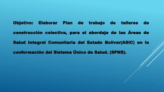 Objetivo: Elaborar Plan de trabajo de talleres de
construcción colectiva, para el abordaje de las Áreas de
Salud Integral Comunitaria del Estado Bolívar(ASIC) en la
conformación del Sistema Único de Salud. (SPNS).
 