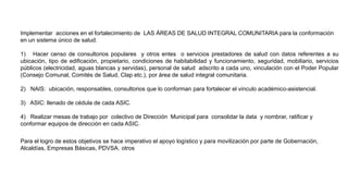 PLAN DE TRABAJO PARA EL FORTALECIMIENTO DE LA RED DE ATENCIÓN COMUNAL DE
SALUD (RACS)
Implementar acciones en el fortalecimiento de LAS ÁREAS DE SALUD INTEGRAL COMUNITARIA para la conformación
en un sistema único de salud.
1) Hacer censo de consultorios populares y otros entes o servicios prestadores de salud con datos referentes a su
ubicación, tipo de edificación, propietario, condiciones de habitabilidad y funcionamiento, seguridad, mobiliario, servicios
públicos (electricidad, aguas blancas y servidas), personal de salud adscrito a cada uno, vinculación con el Poder Popular
(Consejo Comunal, Comités de Salud, Clap etc.), por área de salud integral comunitaria.
2) NAIS: ubicación, responsables, consultorios que lo conforman para fortalecer el vinculo académico-asistencial.
3) ASIC: llenado de cédula de cada ASIC.
4) Realizar mesas de trabajo por colectivo de Dirección Municipal para consolidar la data y nombrar, ratificar y
conformar equipos de dirección en cada ASIC.
Para el logro de estos objetivos se hace imperativo el apoyo logístico y para movilización por parte de Gobernación,
Alcaldías, Empresas Básicas, PDVSA, otros
 