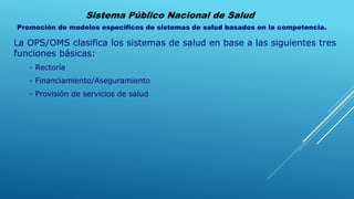 Sistema Público Nacional de Salud.
Promoción de modelos específicos de sistemas de salud basados en la competencia.
La OPS/OMS clasifica los sistemas de salud en base a las siguientes tres
funciones básicas:
- Rectoría
- Financiamiento/Aseguramiento
- Provisión de servicios de salud
 