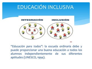 “Educación para todos”: la escuela ordinaria debe y
puede proporcionar una buena educación a todos los
alumnos independientemente de sus diferentes
aptitudes (UNESCO, 1994).
EDUCACIÓN INCLUSIVA
 