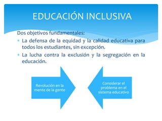 Dos objetivos fundamentales:
 La defensa de la equidad y la calidad educativa para
todos los estudiantes, sin excepción.
 La lucha contra la exclusión y la segregación en la
educación.
EDUCACIÓN INCLUSIVA
Revolución en la
mente de la gente
Considerar el
problema en el
sistema educativo
 