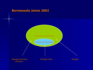 Bermeosolo Jaime 2002 Etiología extrínseca  Etiología mixta  Etiología intrínseca Problemas en el aprendizaje Trastornos del aprendizaje 