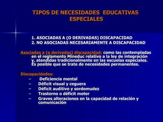 TIPOS DE NECESIDADES  EDUCATIVAS  ESPECIALES 1. ASOCIADAS A (O DERIVADAS) DISCAPACIDAD 2.  NO ASOCIADAS NECESARIAMENTE A DISCAPACIDAD Asociadas a (o derivadas) discapacidad:  como las contempladas en el reglamento Mineduc relativo a la ley de integración y, atendidas tradicionalmente en las escuelas especiales. Es posible que se trate de necesidades permanentes.  Discapacidades: Deficiencia mental Déficit visual y ceguera Déficit auditivo y sordomudez Trastorno o déficit motor Graves alteraciones en la capacidad de relación y comunicación 