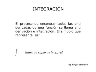 INTEGRACIÓN


El proceso de encontrar todas las anti
derivadas de una función se llama anti
derivación o integración. El símbolo que
representa es:




                                Ing. Hólger Jaramillo
 