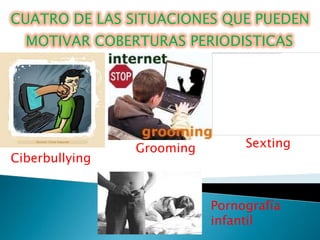 CUATRO DE LAS SITUACIONES QUE PUEDEN
  MOTIVAR COBERTURAS PERIODISTICAS




                Grooming        Sexting
Ciberbullying


                           Pornografía
                           infantil
 