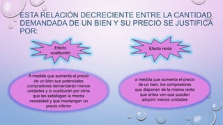 ESTA RELACIÓN DECRECIENTE ENTRE LA CANTIDAD
DEMANDADA DE UN BIEN Y SU PRECIO SE JUSTIFICA
POR:
Efecto renta
Efecto
sustitución
A medida que aumenta el precio
de un bien sus potenciales
compradores demandarán menos
unidades y lo sustituirán por otros
que les satisfagan la misma
necesidad y que mantengan un
precio inferior
a medida que aumenta el precio
de un bien, los compradores
que disponen de la misma renta
que antes ven que pueden
adquirir menos unidades
 