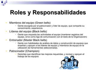 Roles y Responsabilidades Miembros del equipo (Green belts) Gente escogida por el patrocinador y líder de equipo, que comparte su conocimiento, experiencia. Líderes del equipo (Black belts) Gente que orquesta las actividades el equipo (mantener registros del equipo, sirve como liga de comunicación con el resto de la Organización) Entrenador (Master Black belts) Gente con habilidades de análisis de datos y construcción de equipos que enseñan y apoyan a los líderes de equipo y miembros de equipo en la utilización de herramientas seleccionadas. Patrocinador (Champion) Gerentes que identifican las mejoras requeridas, y revisan y apoyan el trabaja de los equipos 