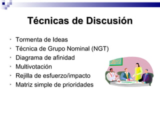 Técnicas de Discusión Tormenta de Ideas Técnica de Grupo Nominal (NGT) Diagrama de afinidad Multivotación Rejilla de esfuerzo/impacto Matriz simple de prioridades 