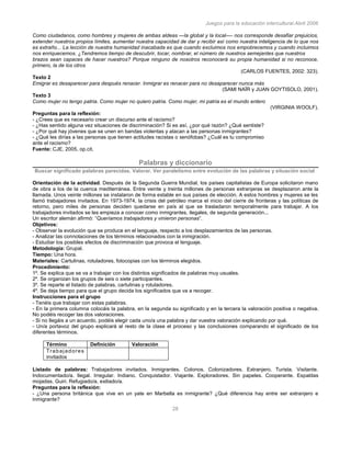 Juegos para la educación intercultural.Abril 2006
28
Como ciudadanos, como hombres y mujeres de ambas aldeas —la global y la local—- nos corresponde desafiar prejuicios,
extender nuestros propios límites, aumentar nuestra capacidad de dar y recibir así como nuestra inteligencia de lo que nos
es extraño... La lección de nuestra humanidad inacabada es que cuando excluimos nos empobrecemos y cuando incluimos
nos enriquecemos. ¿Tendremos tiempo de descubrir, tocar, nombrar, el número de nuestros semejantes que nuestros
brazos sean capaces de hacer nuestros? Porque ninguno de nosotros reconocerá su propia humanidad si no reconoce,
primero, la de los otros
(CARLOS FUENTES, 2002: 323).
Texto 2
Emigrar es desaparecer para después renacer. Inmigrar es renacer para no desaparecer nunca más
(SAMI NAÏR y JUAN GOYTISOLO, 2001).
Texto 3
Como mujer no tengo patria. Como mujer no quiero patria. Como mujer, mi patria es el mundo entero
(VIRGINIA WOOLF).
Preguntas para la reflexión:
- ¿Crees que es necesario crear un discurso ante el racismo?
- ¿Has sentido alguna vez situaciones de discriminación? Si es así, ¿por qué razón? ¿Qué sentiste?
- ¿Por qué hay jóvenes que se unen en bandas violentas y atacan a las personas inmigrantes?
- ¿Qué les dirías a las personas que tienen actitudes racistas o xenófobas? ¿Cuál es tu compromiso
ante el racismo?
Fuente: CJE, 2005, op.cit.
Palabras y diccionario
Buscar significado palabras parecidas. Valorar. Ver paralelismo entre evolución de las palabras y situación social
Orientación de la actividad. Después de la Segunda Guerra Mundial, los países capitalistas de Europa solicitaron mano
de obra a los de la cuenca mediterránea. Entre veinte y treinta millones de personas extranjeras se desplazaron ante la
llamada. Unos veinte millones se instalaron de forma estable en sus países de elección. A estos hombres y mujeres se les
llamó trabajadores invitados. En 1973-1974, la crisis del petróleo marca el inicio del cierre de fronteras y las políticas de
retorno, pero miles de personas deciden quedarse en país al que se trasladaron temporalmente para trabajar. A los
trabajadores invitados se les empieza a conocer como inmigrantes, ilegales, de segunda generación...
Un escritor alemán afirmó: “Queríamos trabajadores y vinieron personas”.
Objetivos:
- Observar la evolución que se produce en el lenguaje, respecto a los desplazamientos de las personas.
- Analizar las connotaciones de los términos relacionados con la inmigración.
- Estudiar los posibles efectos de discriminación que provoca el lenguaje.
Metodología: Grupal.
Tiempo: Una hora.
Materiales: Cartulinas, rotuladores, fotocopias con los términos elegidos.
Procedimiento:
1º. Se explica que se va a trabajar con los distintos significados de palabras muy usuales.
2º. Se organizan los grupos de seis o siete participantes.
3º. Se reparte el listado de palabras, cartulinas y rotuladores.
4º. Se deja tiempo para que el grupo decida los significados que va a recoger.
Instrucciones para el grupo
- Tenéis que trabajar con estas palabras.
- En la primera columna colocáis la palabra, en la segunda su significado y en la tercera la valoración positiva o negativa.
No podéis recoger las dos valoraciones.
- Si no llegáis a un acuerdo, podéis elegir cada uno/a una palabra y dar vuestra valoración explicando por qué.
- Un/a portavoz del grupo explicará al resto de la clase el proceso y las conclusiones comparando el significado de los
diferentes términos.
Término Definición Valoración
Trabajadores
invitados
Listado de palabras: Trabajadores invitados. Inmigrantes. Colonos. Colonizadores. Extranjero. Turista. Visitante.
Indocumentado/a. Ilegal. Irregular. Indiano. Conquistador. Viajante. Exploradores. Sin papeles. Cooperante. Espaldas
mojadas. Guiri. Refugiado/a, exiliado/a.
Preguntas para la reflexión:
- ¿Una persona británica que vive en un yate en Marbella es inmigrante? ¿Qué diferencia hay entre ser extranjero e
inmigrante?
 