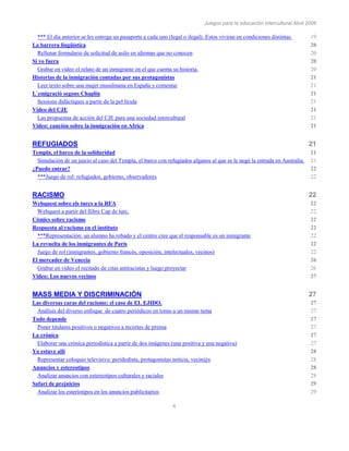 Juegos para la educación intercultural.Abril 2006
4
*** El día anterior se les entrega un pasaporte a cada uno (legal o ilegal). Estos viviran en condiciones distintas. 19
La barrera lingüística 20
Rellenar formulario de solicitud de asilo en idiomas que no conocen 20
Si yo fuera 20
Grabar en video el relato de un inmigrante en el que cuenta su historia. 20
Historias de la inmigración contadas por sus protagonistas 21
Leer texto sobre una mujer musulmana en España y comentar 21
L´emigració segons Chaplin 21
Sessions didàctiques a partir de la pel·lícula 21
Video del CJE 21
Las propuestas de acción del CJE para una sociedad intercultural 21
Video: canción sobre la inmigración en Africa 21
REFUGIADOS 21
Templa, el barco de la solidaridad 21
Simulación de un juicio al caso del Templa, el barco con refugiados afganos al que se le negó la entrada en Australia. 21
¿Puedo entrar? 22
***Juego de rol: refugiados, gobierno, observadores 22
RACISMO 22
Webquest sobre els turcs a la RFA 22
Webquest a partir del llibre Cap de turc. 22
Cómics sobre racismo 22
Respuesta al racismo en el instituto 22
***Representación: un alumno ha robado y el centro cree que el responsable es un inmigrante 22
La revuelta de los inmigrantes de París 22
Juego de rol (inmigrantes, gobierno francés, oposición, intelectuales, vecinos) 22
El mercader de Venecia 26
Grabar en video el recitado de citas antiracistas y luego proyectar 26
Video: Los nuevos vecinos 27
MASS MEDIA Y DISCRIMINACIÓN 27
Las diversas caras del racismo: el caso de EL EJIDO. 27
Análisis del diverso enfoque de cuatro periódicos en torno a un mismo tema 27
Todo depende 27
Poner titulares positivos o negativos a recortes de prensa 27
La crónica 27
Elaborar una crónica periodística a partir de dos imágenes (una positiva y una negativa) 27
Yo estuve allí 28
Representar coloquio televisivo: peridodista, protagonistas noticia, vecin@s 28
Anuncios y estereotipos 28
Analizar anuncios con estereotipos culturales y raciales 28
Safari de prejuicios 29
Analizar los esteriotipos en los anuncios publicitarios 29
 