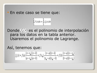 En este caso se tiene que: Donde  es el polinomio de interpolación para los datos en la tabla anterior. Usaremos el polinomio de Lagrange.  Así, tenemos que: 