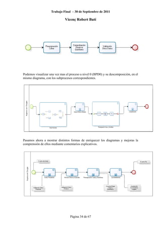 Trabajo Final – 30 de Septiembre de 2011
Vicenç Robert Butí
Página 34 de 67
Podemos visualizar una vez mas el proceso a nivel 0 (BPD0) y su descomposición, en el
mismo diagrama, con los subprocesos correspondientes.
Pasamos ahora a mostrar distintos formas de enriquecer los diagramas y mejoras la
comprensión de ellos mediante comentarios explicativos.
 