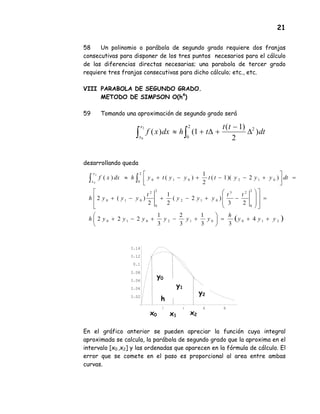 21
58 Un polinomio o parábola de segundo grado requiere dos franjas
consecutivas para disponer de los tres puntos necesarios para el cálculo
de las diferencias directas necesarias; una parabola de tercer grado
requiere tres franjas consecutivas para dicho cálculo; etc., etc.
VIII PARABOLA DE SEGUNDO GRADO.
METODO DE SIMPSON O(h4
)
59 Tomando una aproximación de segundo grado será
desarrollando queda
2 4 6 8
0.02
0.04
0.06
0.08
0.1
0.12
0.14
En el gráfico anterior se pueden apreciar la función cuya integral
aproximada se calcula, la parábola de segundo grado que la aproxima en el
intervalo [x0 ,x2] y las ordenadas que aparecen en la fórmula de cálculo. El
error que se comete en el paso es proporcional al area entre ambas
curvas.
∫∫ ∆
−
+∆+≈
2
0
2
)
2
)1(
1()(
2
0
dt
tt
thdxxf
x
x
( )210012010
2
0
23
012
2
0
2
010
2
0
012010
4
33
1
3
2
3
1
222
23
)2(
2
1
2
)(2
)2)(1(
2
1
)()(
2
0
yyy
h
yyyyyyh
tt
yyy
t
yyyh
dtyyyttyytyhdxxf
x
x
++=





+−+−+
=
















−+−+−+
=



+−−+−+≈ ∫∫
x0 x1 x2
y0
y1
y2
h
 