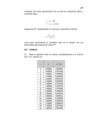 27
calculando una nueva aproximación con un paso de integración doble y
calculando luego
despejando Khn
, reemplazando en la primera y operando se obtiene
como mejor aproximación al verdadero valor de la integral, con una
demostrable aproximación de orden hn+2
XII EJEMPLO
72 Dada la siguiente tabla de valores correspondientes a la función
f(x) = 1/x, calcular ln 2
i xi yi = 1/xi
0 1.00000 1.000000
1 1.05000 0.952380
2 1.10000 0.909090
3 1.15000 0.869565
4 1.20000 0.833333
5 1.25000 0.800000
6 1.30000 0.769230
7 1.35000 0.740740
8 1.40000 0.714285
9 1.45000 0.689655
10 1.50000 0.666666
11 1.55000 0.645161
12 1.60000 0.625000
13 1.65000 0.606060
14 1.70000 0.588235
15 1.75000 0.571428
16 1.80000 0.555555
n
h
n
h
hKII
KhII
)2(2 +=
+=
12
2 2
−
−
≈ n
hh
n
II
I
 