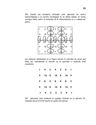 43
106 Cuando sea necesario extender este operador de cuatro
subrectángulos a un recinto rectangular R, se deben adosar en forma
contigua hasta cubrir la totalidad de R. Naturalmente m y n deben ser
pares.
1 4 1 1 4 1 1 4 1
4 16 4 4 16 4 4 16 4
1 4 1 1 4 1 1 4 1
1 4 1 1 4 1 1 4 1
4 16 4 4 16 4 4 16 4
1 4 1 1 4 1 1 4 1
Los números destacados en la figura indican la cantidad de veces que
debe ser considerada la función en el operador o molécula final
resultante.
1 4 2 4 2 4 1
4 16 8 16 8 16 4
2 8 4 8 4 8 2
4 16 8 16 8 16 4
1 4 2 4 2 4 1
107 Aplicando esta molécula al ejemplo tratado en el párrafo 97,
tomando ahora h=k=0.5 resulta el cuadro de valores:
 