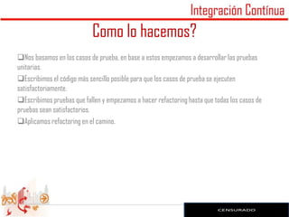Como lo hacemos?
Nos basamos en los casos de prueba, en base a estos empezamos a desarrollar las pruebas
unitarias.
Escribimos el código más sencillo posible para que los casos de prueba se ejecuten
satisfactoriamente.
Escribimos pruebas que fallen y empezamos a hacer refactoring hasta que todas los casos de
pruebas sean satisfactorios.
Aplicamos refactoring en el camino.
 