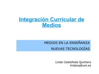 Integración Curricular de Medios MEDIOS EN LA ENSEÑANZA NUEVAS TECNOLOGÍAS Linda Castañeda Quintero lindacq@um.es 