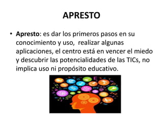 APRESTO
• Apresto: es dar los primeros pasos en su
conocimiento y uso, realizar algunas
aplicaciones, el centro está en vencer el miedo
y descubrir las potencialidades de las TICs, no
implica uso ni propósito educativo.
 