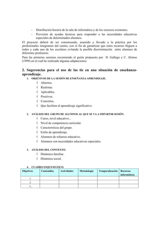 -
            Distribución horaria de la sala de informática y de los recursos existentes.
            -
            Provisión de ayudas técnicas para responder a las necesidades educativas
            especiales de determinados alumnos.
El proyecto deberá de ser consensuado, asumido y llevado a la práctica por los
profesionales integrantes del centro, con el fin de garantizar que estos recursos lleguen a
todos y cada uno de los escolares evitando la posible discriminación entre alumnos de
diferentes profesores.
Para las primeras sesiones recomiendo el guión propuesto por D. Gallego y C. Alonso
(1999) en el cual he realizado algunas adaptaciones:

2. Sugerencias para el uso de las tic en una situación de enseñanza-
aprendizaje.
   1.       OBJETIVOS DE LA SESIÓN DE ENSEÑANZA-APRENDIZAJE.
                √   Abiertos.
                √   Realistas.
                √   Aplicables.
                √   Positivos.
                √   Concretos.
                √   Que faciliten el aprendizaje significativo.

   2.       ANÁLISIS DEL GRUPO DE ALUMNOS AL QUE SE VA A IMPARTIR SESIÓN.
                √   Curso, nivel educativo...
                √   Nivel de competencia curricular.
                √   Características del grupo.
                √   Estilo de aprendizaje.
                √   Alumnos de refuerzo educativo.
                √   Alumnos con necesidades educativas especiales.

   3.       ANÁLISIS DEL CONTEXTO.
                √ Dinámica familiar.
                √ Dinámica social.

   4. CUADRO ESQUEMÁTICO.
Objetivos  Contenidos  Actividades                  Metodología   Temporalización   Recursos
                                                                                    informáticos
        1
        2
        3...
 