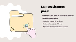 La necesitamos
para:
Reduce la carga sobre los analistas de negocios.
Eliminar doble trabajo
Maximiza el valor de los datos.
Mejora la toma de decisiones.
Aprovechar los diversos tipos de datos.
 