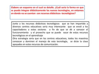 Elabore un esquema en el cual se detalle. ¿Cuál sería la forma en que se pueda integrar didácticamente las nuevas tecnologías, en entornos en donde no se cuentan con recursos didácticos- tecnológicos?Junto a los recursos didácticos tecnológicos que se han impartido a diversos centros educativos sería muy interesante que se envié a los capacitadores a estos sectores a fin de que se dé a conocer el funcionamiento y el provecho que se puede sacar de estos recursos tecnológicos en el aprendizajeOtra estrategia sería que en los centros educativos, todos los maestros conozcan y dominen el manejo de esta tecnología, se dicte la clase apoyados en estos recursos de comunicación.