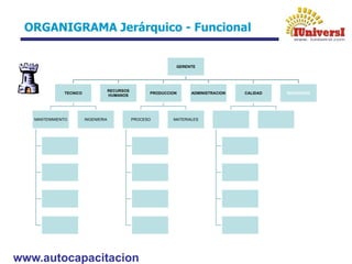 www.autocapacitacion
ORGANIGRAMA Jerárquico - Funcional
GERENTE
TECNICO
MANTENIMIENTO INGENIERIA
RECURSOS
HUMANOS
PRODUCCION
PROCESO MATERIALES
ADMINISTRACION CALIDAD SEGURIDAD
 