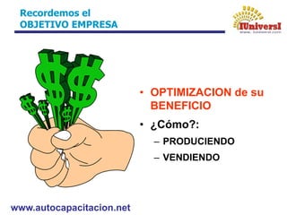 www.autocapacitacion.net
Recordemos el
OBJETIVO EMPRESA
• OPTIMIZACION de su
BENEFICIO
• ¿Cómo?:
– PRODUCIENDO
– VENDIENDO
 