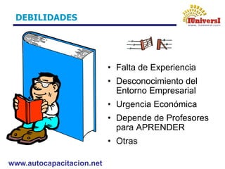 www.autocapacitacion.net
DEBILIDADES
• Falta de Experiencia
• Desconocimiento del
Entorno Empresarial
• Urgencia Económica
• Depende de Profesores
para APRENDER
• Otras
 
