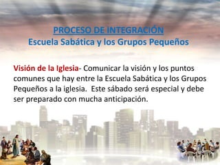 PROCESO DE INTEGRACIÓN
Escuela Sabática y los Grupos Pequeños
Visión de la Iglesia- Comunicar la visión y los puntos
comunes que hay entre la Escuela Sabática y los Grupos
Pequeños a la iglesia. Este sábado será especial y debe
ser preparado con mucha anticipación.

 
