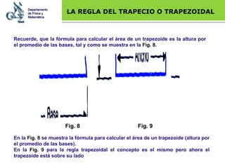 Base legal LA REGLA DEL TRAPECIO O TRAPEZOIDAL Recuerde, que la fórmula para calcular el área de un trapezoide es la altura por el promedio de las bases, tal y como se muestra en la  Fig. 8 . En la  Fig. 8  se muestra la fórmula para calcular el área de un trapezoide (altura por el promedio de las bases).  En la  Fig. 9  para la regla trapezoidal el concepto es el mismo pero ahora el trapezoide está sobre su lado Fig. 8 Fig. 9 Departamento de Física y Matemática 
