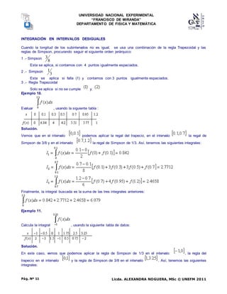UNIVERSIDAD NACIONAL EXPERIMENTAL
“FRANCISCO DE MIRANDA”
DEPARTAMENTO DE FISICA Y MATEMÁTICA
Licda. ALEXANDRA NOGUERA, MSc © UNEFM 2011
Pág. Nº 11
INTEGRACIÓN EN INTERVALOS DESIGUALES
Cuando la longitud de los subintervalos no es igual, se usa una combinación de la regla Trapezoidal y las
reglas de Simpson, procurando seguir el siguiente orden jerárquico:
1 .- Simpson
8
3
Esta se aplica, si contamos con 4 puntos igualmente espaciados.
2 .- Simpson
3
1
Esta se aplica si falla (1) y contamos con 3 puntos igualmente espaciados.
3 .- Regla Trapezoidal
Solo se aplica si no se cumple y
Ejemplo 10.
Evaluar , usando la siguiente tabla :
Solución.
Vemos que en el intervalo podemos aplicar la regal del trapecio, en el intervalo la regal de
Simpson de 3/8 y en el intervalo la regal de Simpson de 1/3. Así, tenemos las siguientes integrales:
Finalmente, la integral buscada es la suma de las tres integrales anteriores:
Ejemplo 11.
Calcula la integral , usando la siguiente tabla de datos:
Solución.
En este caso, vemos que podemos aplicar la regla de Simpson de 1/3 en el intervalo , la regla del
trapecio en el intervalo y la regla de Simpson de 3/8 en el intervalo . Así, tenemos las siguientes
integrales:
 
