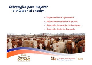 Estrategias para mejorar
  e integrar al criador

                     • Mejoramiento de agostaderos.
                     • Mejoramiento genético de ganado.
                     • Desarrollar intermediarios financieros.
                     • Desarrollar hosterías de ganado.




       Grupo
                                    Congreso Nacional Sistema
                                    Producto Bovinos Carne
                                                                2010
 