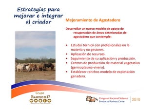 Estrategias para
mejorar e integrar
    al criador     Mejoramiento de Agostadero
                     Desarrollar un nuevo modelo de apoyo de
                          recuperación de áreas deterioradas de
                          agostadero que contemple:

                     • Estudio técnico con profesionales en la
                       materia y no gestores.
                     • Aplicación de recursos.
                     • Seguimiento de su aplicación y producción.
                     • Centros de producción de material vegetativo
                       (germoplasma-vivero).
                     • Establecer ranchos modelo de explotación
                       ganadera.



         Grupo
                                            Congreso Nacional Sistema
                                            Producto Bovinos Carne
                                                                        2010
 
